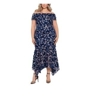 Xscape Plus Embroidered 3D Flower Off the Shoulder Flounce Dress in Blue Multi